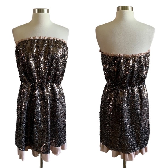 DKNY Neutral Color Sequins Strapless Dress With Ruffles Across Chest and At Hem - Picture 2 of 15